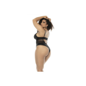 Bodystring Bibi grande taille en wetlook noir avec armatures, bretelles réglables 